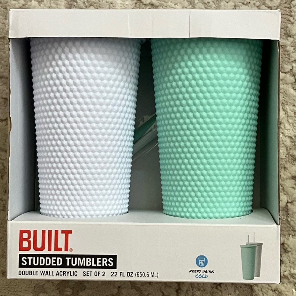 NEW!! Tumbler Cup Set Studded Aqua & White Double Wall
